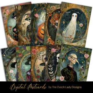 Postales de personajes de Halloween, diseños de tarjetas imprimibles digitales, retratos espeluznantes, estilo floral victoriano, Samhain, espeluznante, DESCARGA INSTANTÁNEA