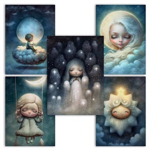 Set of 10 digital postcard and art print designs. Scrapbook papers/digital background graphics with a fantasy celestial theme. Moon, stars, clouds, kids. 10 JPEG images in size 3000x4200 pixels for your personal and commercial creative projects.