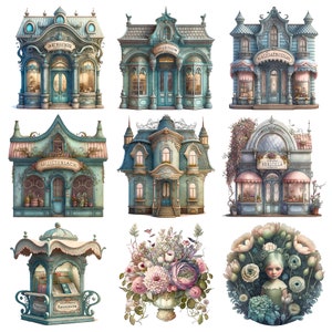 Victorian street life clipart set. Mystical and creepy images of shop fronts, children, flower arrangements, tree, lanterns. Golden watercolor decorations. 25 .PNG file digital images for your personal and commercial creative projects.