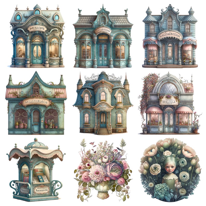 Victorian street life clipart set. Mystical and creepy images of shop fronts, children, flower arrangements, tree, lanterns. Golden watercolor decorations. 25 .PNG file digital images for your personal and commercial creative projects.