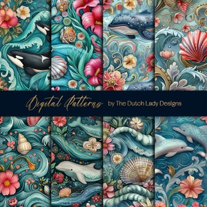 Fondos digitales del océano floral - Papel de álbum de recortes - Patrones de ballenas, olas, flores y conchas marinas sin costuras - 8 archivos JPEG - DESCARGA INSTANTÁNEA