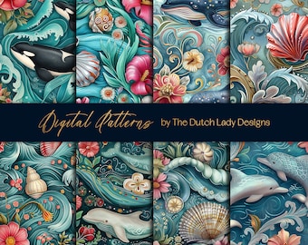 Floral Ocean Digital Paper: Whale, Seashell & Flower Patterns (Digital Download)