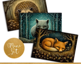 Dark Forest Animals Postcard Mini Set - Diseños de tarjetas digitales imprimibles - Moody Woodland Scenery Art Prints - 3 archivos JPEG - DESCARGA INSTANTE