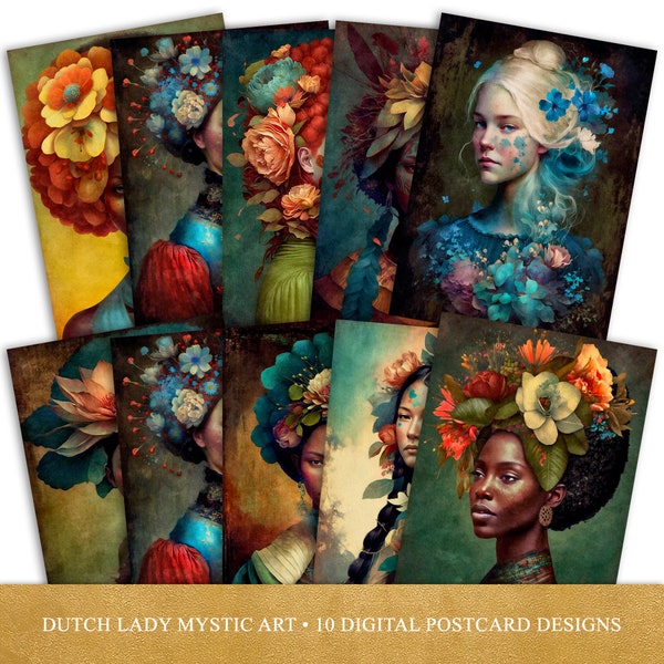 World Women Postcard and Poster Set - Printable Digital Design - Elegant Floral Ethnic Feminine Portrait - 10 .JPEG Files - INSTANT DOWNLOAD