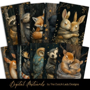 Ensemble de cartes postales et affiches de câlins d'animaux, art numérique imprimable, animaux de la forêt mignons s'étreignant, amour, 10 fichiers JPEG, TÉLÉCHARGEMENT IMMÉDIAT