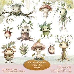 Botanische wezens clipartset, grillige illustraties, fantasy natuur graphics, aquarel potloodstijl, commercieel gebruik, INSTANT DOWNLOAD