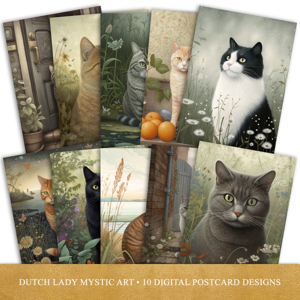 Cats Postcard and Poster Set - Printable Digital Designs - Animal Art Prints - Pet Cat Illustrations - 10 .JPEG Files - INSTANT DOWNLOAD