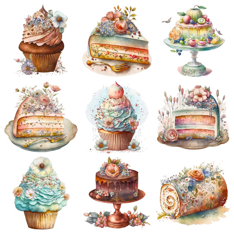 Celebration Cake Clipart Set Watercolor Wedding Cakes Layered Cake