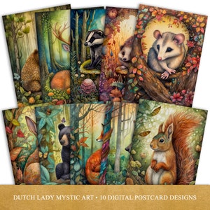 Boho Waldtiere Postkarten und Poster Set, bunte Blätter & Bäume, druckbare digitale Karten Designs, 10 JPEG-Dateien, SOFORT-DOWNLOAD