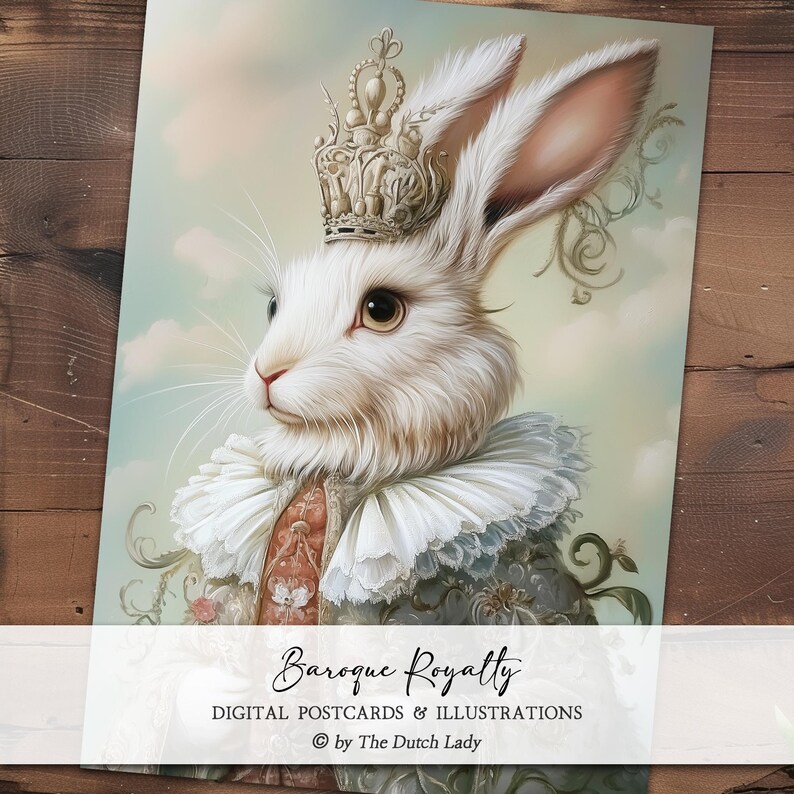 May include: A digital illustration of a white rabbit wearing a crown and a ruffled collar. The rabbit has large, expressive eyes and long ears. The image is labeled "Baroque Royalty" with text that reads "Digital Postcards & Illustrations".
