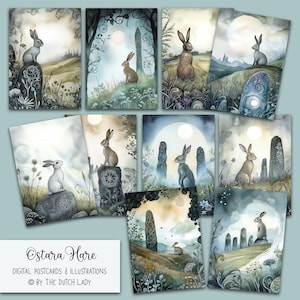 Ensemble de cartes postales et d'impressions d'art lièvre Ostara, paysage celtique, roue de l'année de la Wicca, solstice de printemps, Stonehenge, ésotérique, mystique, TÉLÉCHARGEMENT IMMÉDIAT