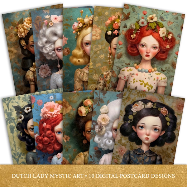 Doll Portraits Postcard and Poster Set - Printable Digital Designs - Whimsical Wallpaper Girl Portraits - 10 .JPEG Files - INSTANT DOWNLOAD