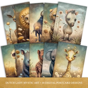 Niedliche Savannen-Tierpostkarte und Poster-Set, afrikanische Safari-Tierkunstdrucke, druckbare digitale Illustrationen, 10 JPEGs, SOFORT-DOWNLOAD
