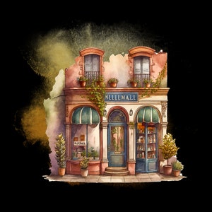 Whimsical shops clipart set. Watercolor style graphics of a cute village high street scene. Shop fronts and greenery. Digital images for personal and commercial creative projects. Set consists of 25 PNG file images with transparent backgrounds.