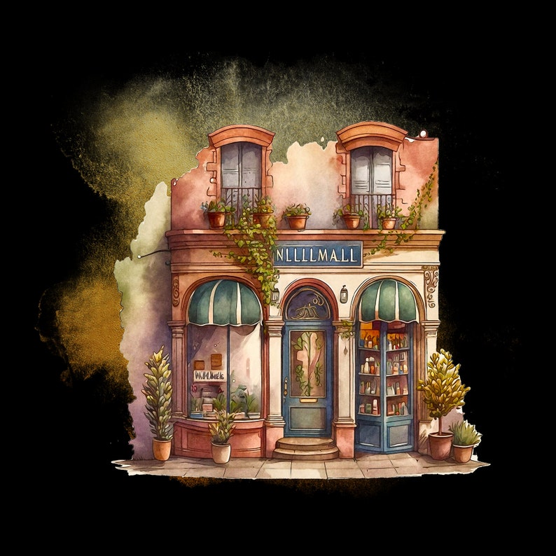 Whimsical shops clipart set. Watercolor style graphics of a cute village high street scene. Shop fronts and greenery. Digital images for personal and commercial creative projects. Set consists of 25 PNG file images with transparent backgrounds.