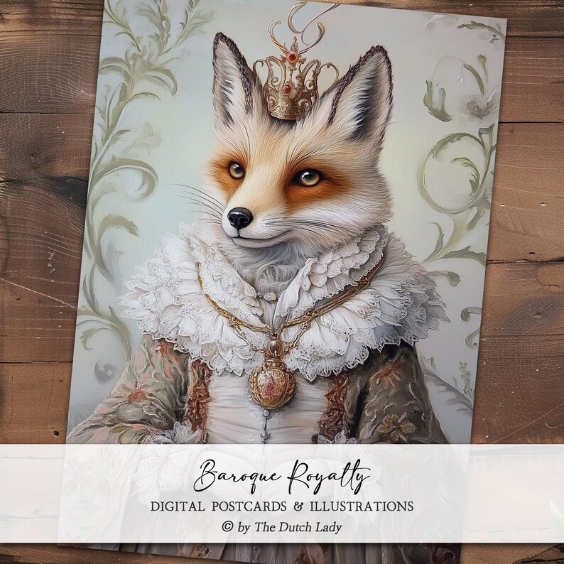 May include: A digital illustration of a fox in regal attire, wearing a crown and a pendant necklace. The fox has orange and white fur, with a white ruffled collar and a detailed dress. The image is labeled "Baroque Royalty".