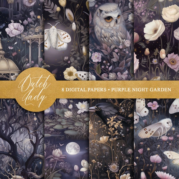 Night Garden Digital Backgrounds - Printable Scrapbook Paper - Seamless Purple Enchanted Garden Wallpapers - 8 JPEG Files - INSTANT DOWNLOAD