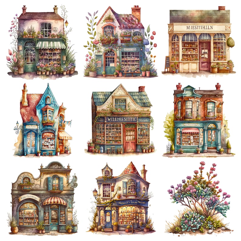 Whimsical shops clipart set. Watercolor style graphics of a cute village high street scene. Shop fronts and greenery. Digital images for personal and commercial creative projects. Set consists of 25 PNG file images with transparent backgrounds.