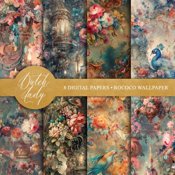 Rococo Floral Digital Paper: Antique Bird & Flower Patterns (8 JPEG Files) (Instant Download)