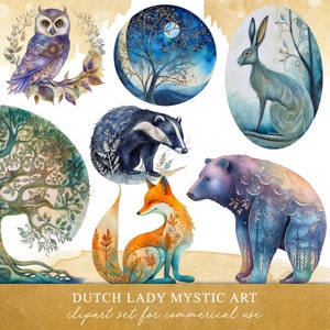 Ensemble éthéré de cliparts nature sauvage - aquarelle animaux de la forêt et des bois nordiques - mystique - décoration bohème - téléchargement immédiat - 25 fichiers PNG