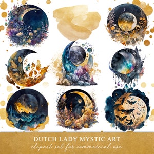 Mystisches Mondphasen-Clipart-Set - Blumen - Kristalle - Motten - Digitale esoterische Grafiken - Aquarellmonde - SOFORTIGER DOWNLOAD - 25 PNG-Dateien