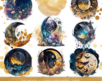 Mystic Moon Phase Clipart: Watercolor Flowers, Crystals, Moths (Digital Download)
