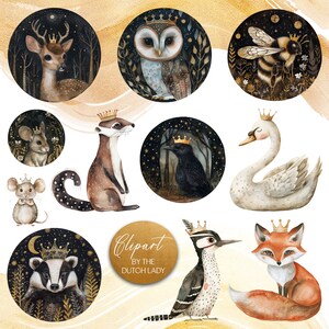Ensemble de clipart animaux royaux, graphismes de Style illustration pour enfants, images d'animaux de la forêt et des bois aquarelle, téléchargement immédiat, 25 fichiers PNG
