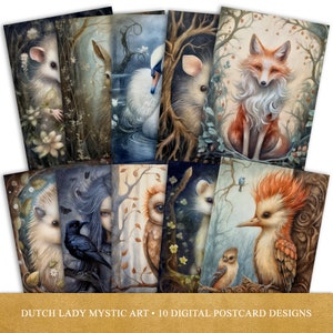 Mystische Waldtiere Postkarte & Poster Set, Dark Forest Kunstdrucke, druckbare digitale Kartendesigns, 10 JPEG-Dateien, SOFORT-DOWNLOAD