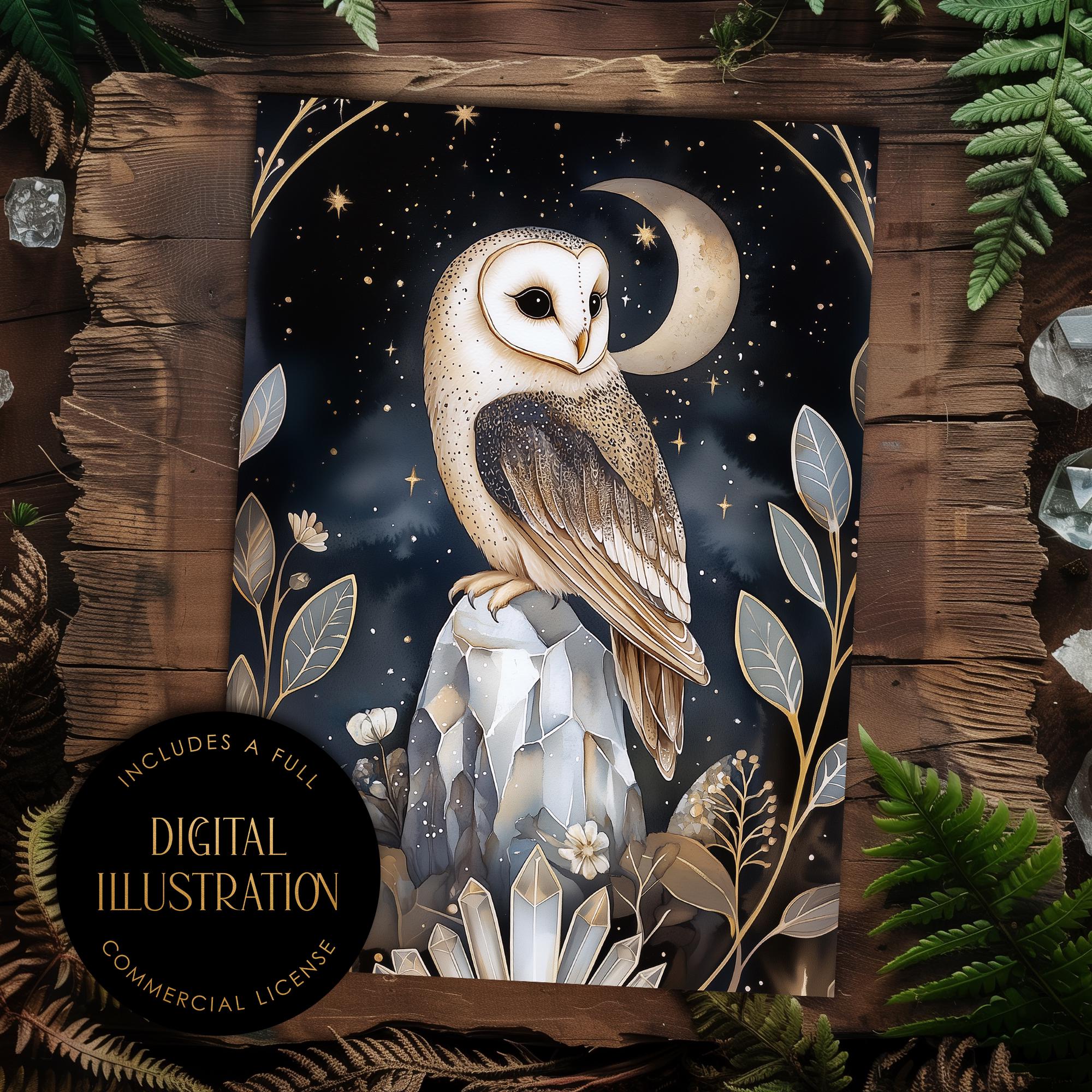 Barn owl on crystal rock, DIGITAL illustration, woodland animal, esoteric nature artwork, moon, leav