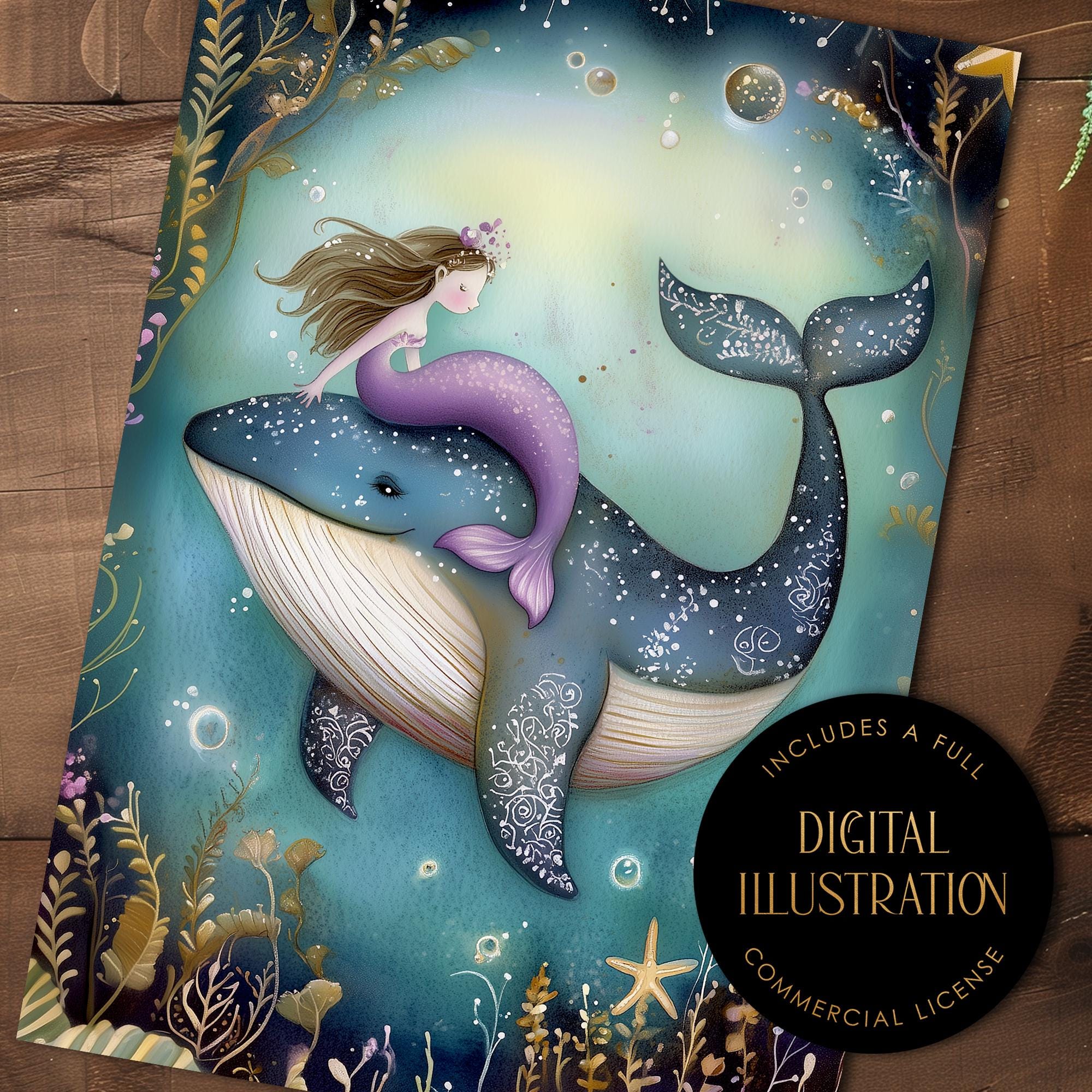 Mermaid and Whale Illustration, Cute Storybook Art (digital Download ...