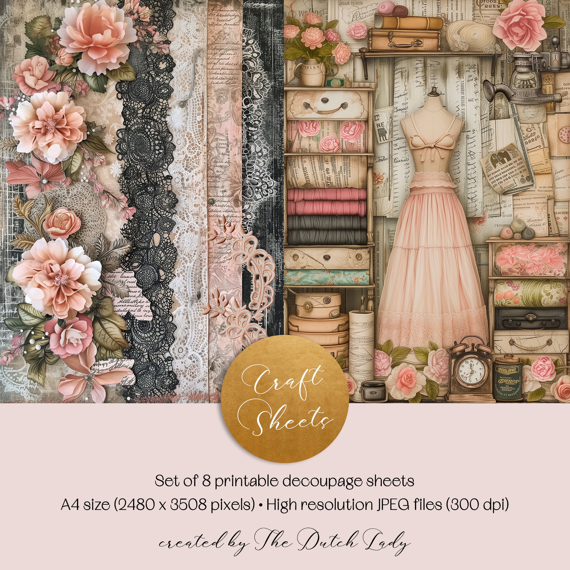 The Seamstress Atelier PRINTABLE Journal Paper Pack, Digital Scrapbook Papers, Decoupage Sheets ...