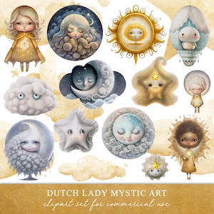 Ensemble de cliparts mystique céleste - mignon soleil lune étoile nuage graphique - Fantasy Heaven Images - argent et or - téléchargement immédiat - 25 fichiers PNG