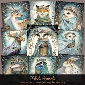 Ensemble de cartes postales et d'impressions d'art animaux Imbolc, motifs de cartes imprimables, illustrations numériques de la forêt, roue de la wicca de l'année, téléchargement immédiat