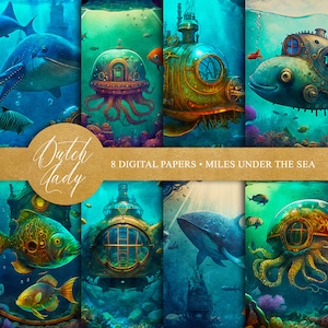 Steampunk Ocean Digital Paper: Submarines, Sea Life (8 JPEG Files) (Instant Download)