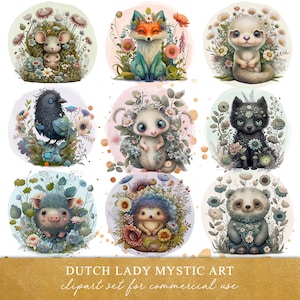 Animaux sur aquarelle cercles Clipart ensemble - graphiques animaux mignons des bois - fleurs - art amis de la forêt - téléchargement immédiat - 25 fichiers PNG