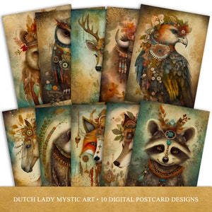 Juego de postales y pósteres de animales bohemios, impresiones artísticas de retratos de estilo étnico, diseños de tarjetas digitales imprimibles, 10 archivos JPEG, DESCARGA INSTANTÁNEA