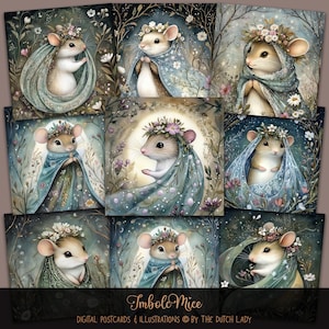 Illustrations aquarelles de souris Imbolc, carte postale et ensemble d'impressions d'art, modèles de cartes imprimables, souris numériques, roue de l'année Wicca, TÉLÉCHARGEMENT IMMÉDIAT
