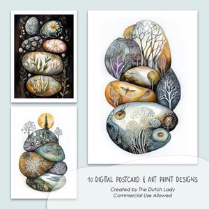 Ensemble d'impressions de cartes postales et d'affiches Pebble Art, motifs de cartes imprimables, illustrations botaniques, rochers, pierres, aquarelle bohème, TÉLÉCHARGEMENT IMMÉDIAT