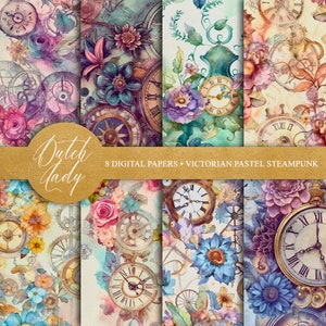Victoriaanse Pastel Steampunk Digitale Achtergronden - Afdrukbare Scrapbook Paper Set - Antieke bloemen & klokken - 8 JPEG-bestanden - INSTANT DOWNLOAD