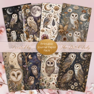 Pacchetto di carta per diario STAMPABILE a tema gufo, carte per album digitali, fogli di decoupage, kit artigianale, luna e notte botanica, DOWNLOAD IMMEDIATO