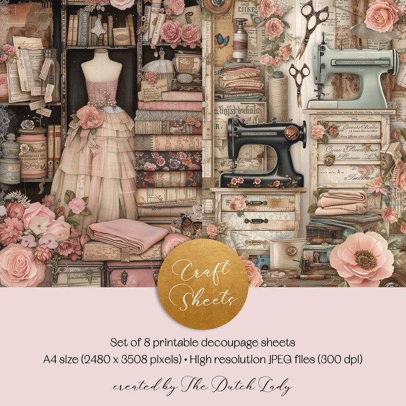 The Seamstress Atelier PRINTABLE Journal Paper Pack, Digital Scrapbook Papers, Decoupage Sheets ...