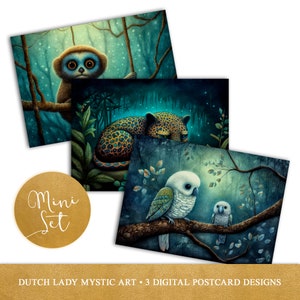 Dark Jungle Animals Postkarte Mini Set - Druckbare digitale Karten Designs - niedliche Papageien, Affen & Jaguar Kunst - 3 JPEG Dateien - SOFORT DOWNLOAD