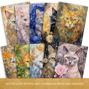 Juego de postales y pósteres de gatos y cristales, impresiones de arte místico en acuarela, diseños de tarjetas de arte digital imprimibles, 10 archivos JPEG, DESCARGA INSTANTÁNEA