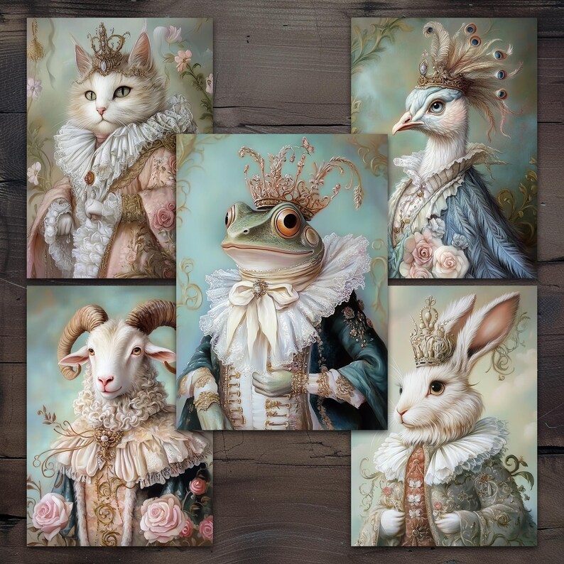 May include: Five framed art prints featuring anthropomorphic animals in regal attire. A cat, peacock, frog, goat, and rabbit are depicted wearing crowns and ornate clothing in a vintage style, with soft pastel colors and floral accents.
