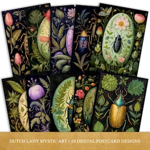 Conjunto de cartões postais e impressões artísticas de besouros botânicos, Dark Academia Curiosities, design de cartão digital para impressão, 10 ilustrações JPEG, DOWNLOAD INSTANTÂNEO