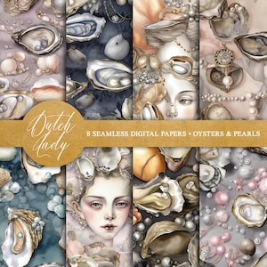 Fondos digitales de ostras y perlas - Papel de álbum de recortes imprimible - Fondos de pantalla de conchas de acuarela sin costuras - 8 archivos JPEG - DESCARGA INSTANTÁNEA