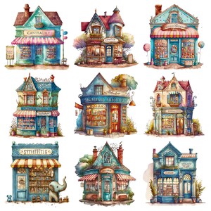 Whimsical shops clipart set. Watercolor style graphics of a cute village high street scene. Shop fronts and greenery. Digital images for personal and commercial creative projects. Set consists of 25 PNG file images with transparent backgrounds.