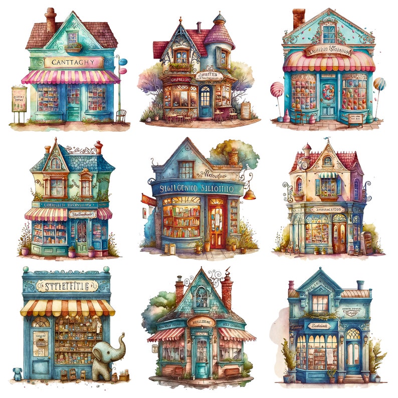 Whimsical shops clipart set. Watercolor style graphics of a cute village high street scene. Shop fronts and greenery. Digital images for personal and commercial creative projects. Set consists of 25 PNG file images with transparent backgrounds.