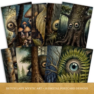 Set di cartoline e poster The Watching Forest, disegno di arte digitale stampabile, alberi del bosco scuro con occhi, 10 file JPEG, DOWNLOAD IMMEDIATO