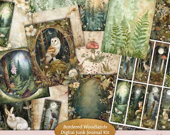 Op de afbeelding: Een digitale junk journal kit met 61 bedrukbare vellen met bos-illustraties. De kit bevat afbeeldingen van uilen, vossen, paddenstoelen, varens en andere bos-elementen. De tekst "Bordered Woodlands Digital Junk Journal Kit 61 Sheets" is zichtbaar in de afbeelding.